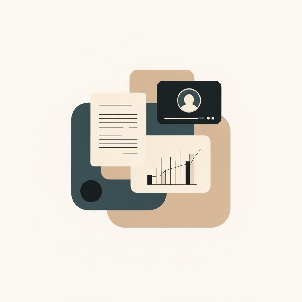 Illustration éditoriale représentant la formation professionnelle à distance : documents, indicateurs et visioconférence
